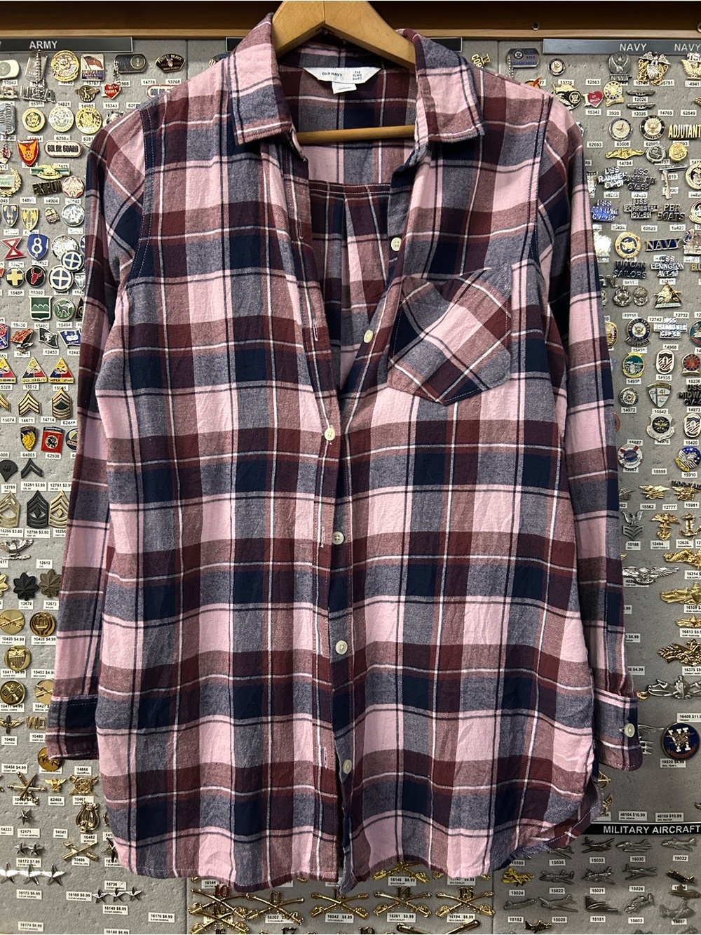 Old Navy Tunic Shirt Pink and Navy Plaid Button-Down Shirt
